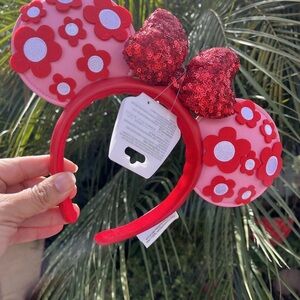 Disney parks Minnie Mouse Pink Flower Valentines Ears Headband
